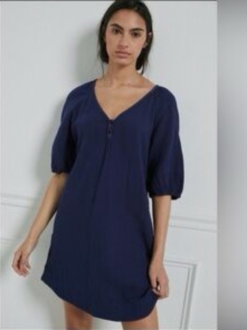 Anthropologie Navy V-Neck Puff Sleeve Tunic Dress